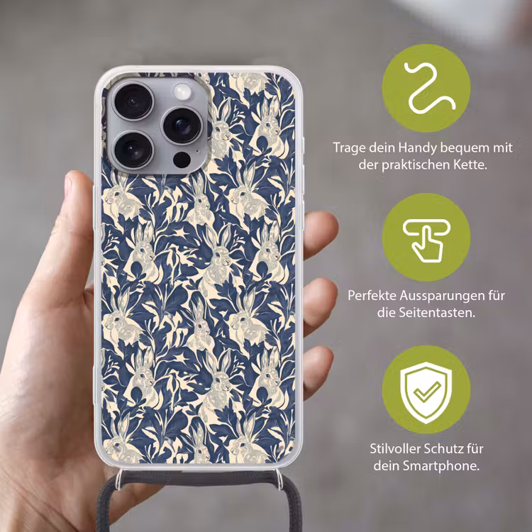 Hazen - Bladeren - Patroon - Blauw - Beige Hoesje iPhone 16 Pro Max met koord klein 804 -sfeer2_DE