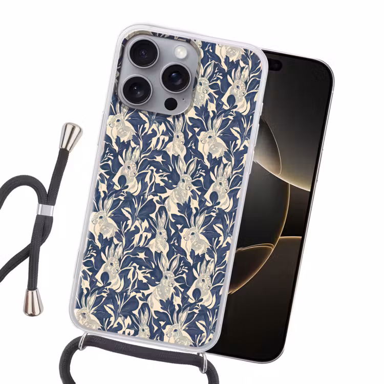 Hazen - Bladeren - Patroon - Blauw - Beige Hoesje iPhone 16 Pro Max met koord klein 804 -sfeer1