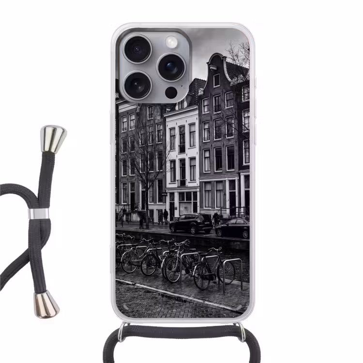 Huis - Gracht - Amsterdam - Architectuur - Zwart-wit Hoesje iPhone 16 Pro Max met koord klein -3d