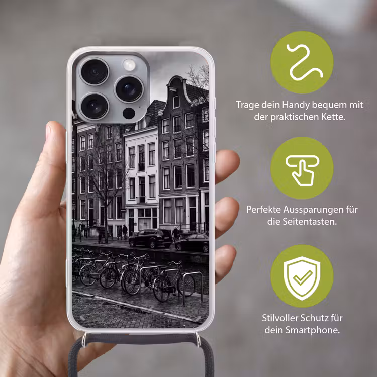 Huis - Gracht - Amsterdam - Architectuur - Zwart-wit Hoesje iPhone 16 Pro Max met koord klein -sfeer2_DE