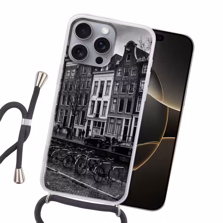 Huis - Gracht - Amsterdam - Architectuur - Zwart-wit Hoesje iPhone 16 Pro Max met koord klein -sfeer1