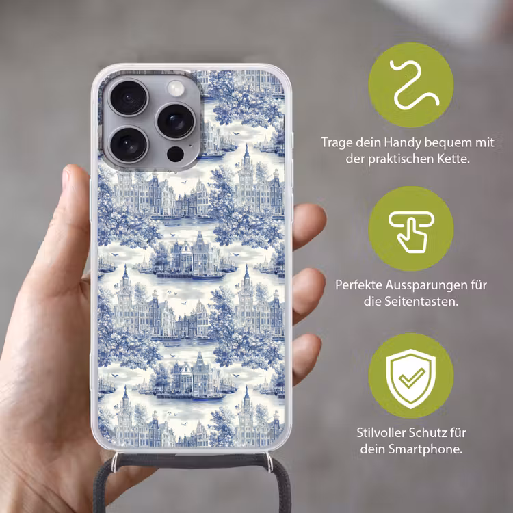 Huizen - Bomen - Water - Vogels - Blauw Hoesje iPhone 16 Pro Max met koord klein 804 -sfeer2_DE