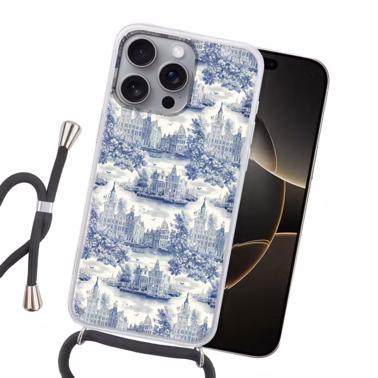 Huizen - Bomen - Water - Vogels - Blauw Hoesje iPhone 16 Pro Max met koord klein 804 -sfeer1