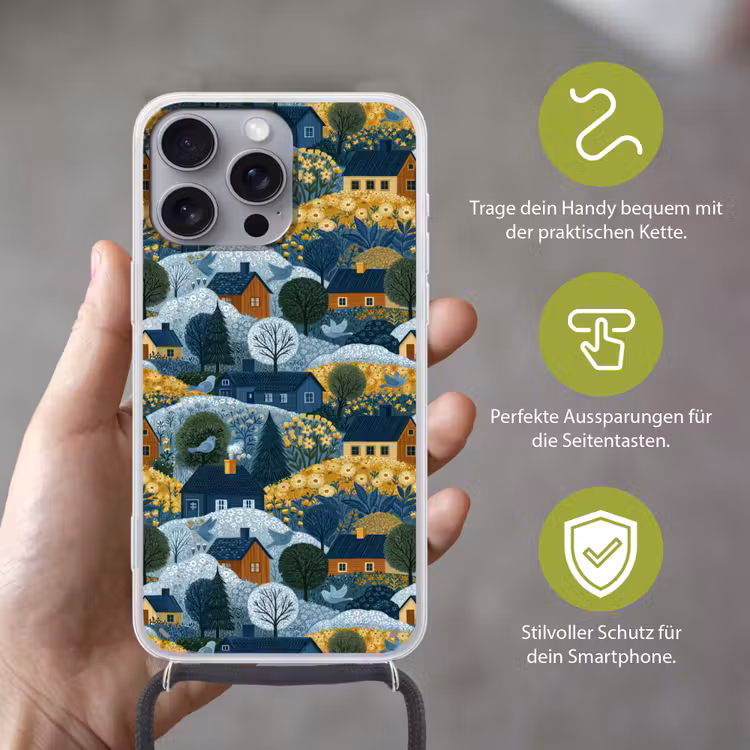 Huisjes - Bloemen - Patroon - Geel - Blauw Hoesje iPhone 16 Pro Max met koord klein 804 -sfeer2_DE