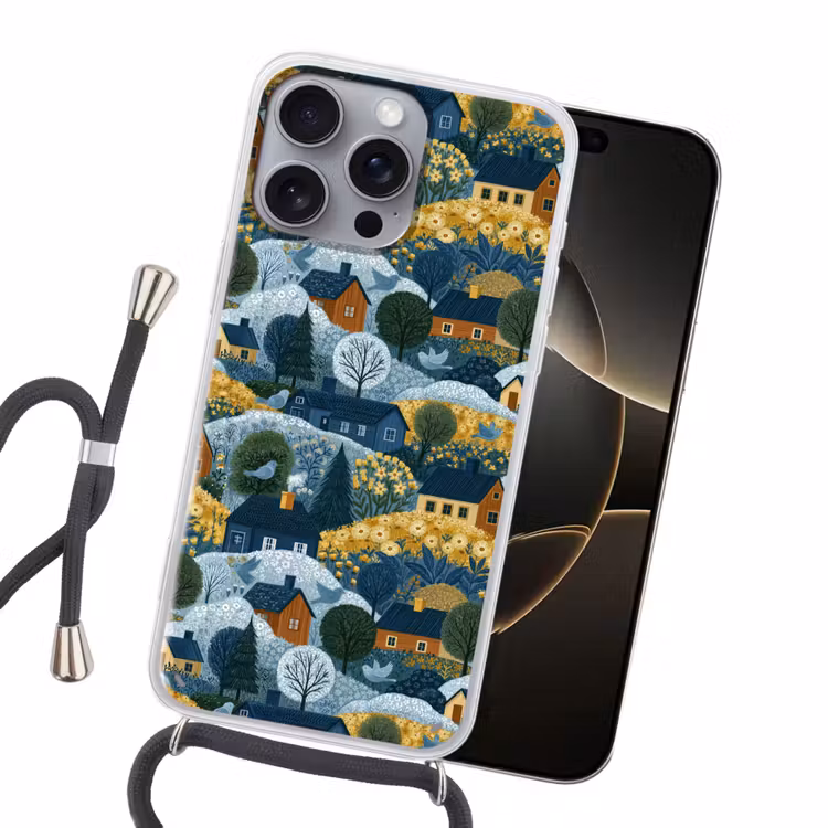 Huisjes - Bloemen - Patroon - Geel - Blauw Hoesje iPhone 16 Pro Max met koord klein 804 -sfeer1