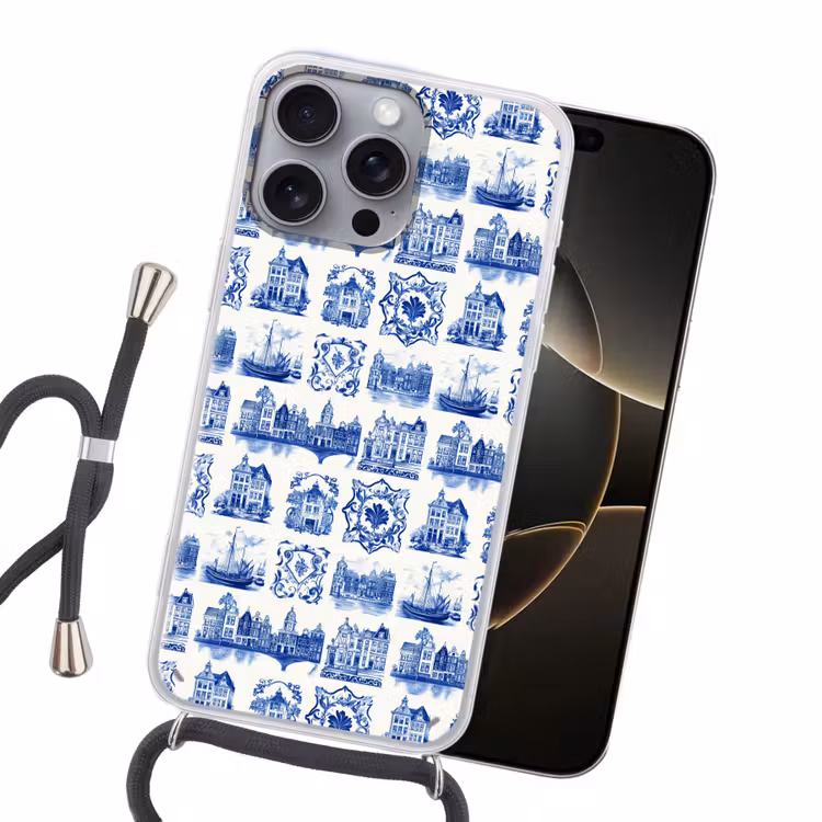 Huizen - Schepen - Blauw Hoesje iPhone 16 Pro Max met koord klein 804 -sfeer1