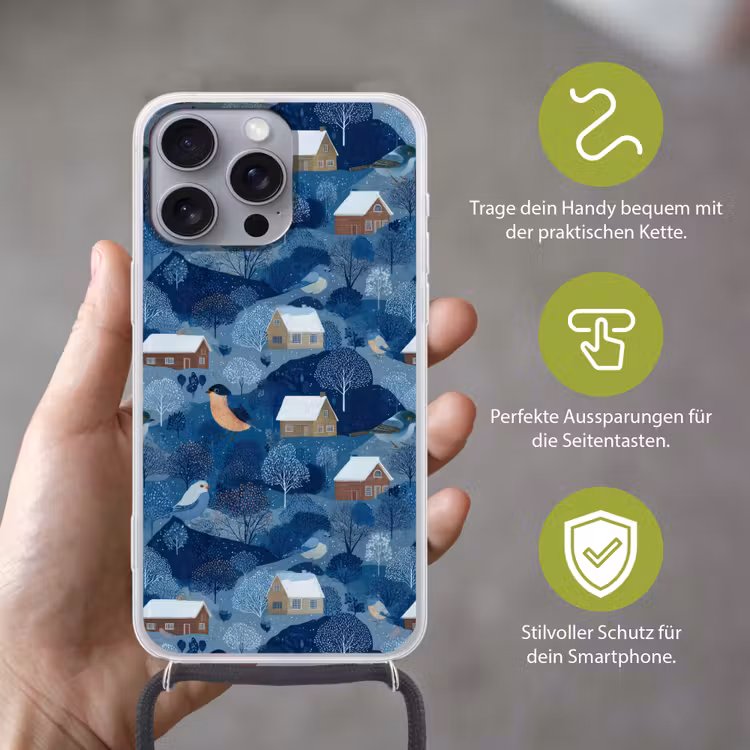 Huisjes - Vogels - Sneeuw - Winter - Blauw Hoesje iPhone 16 Pro Max met koord klein 804 -sfeer2_DE