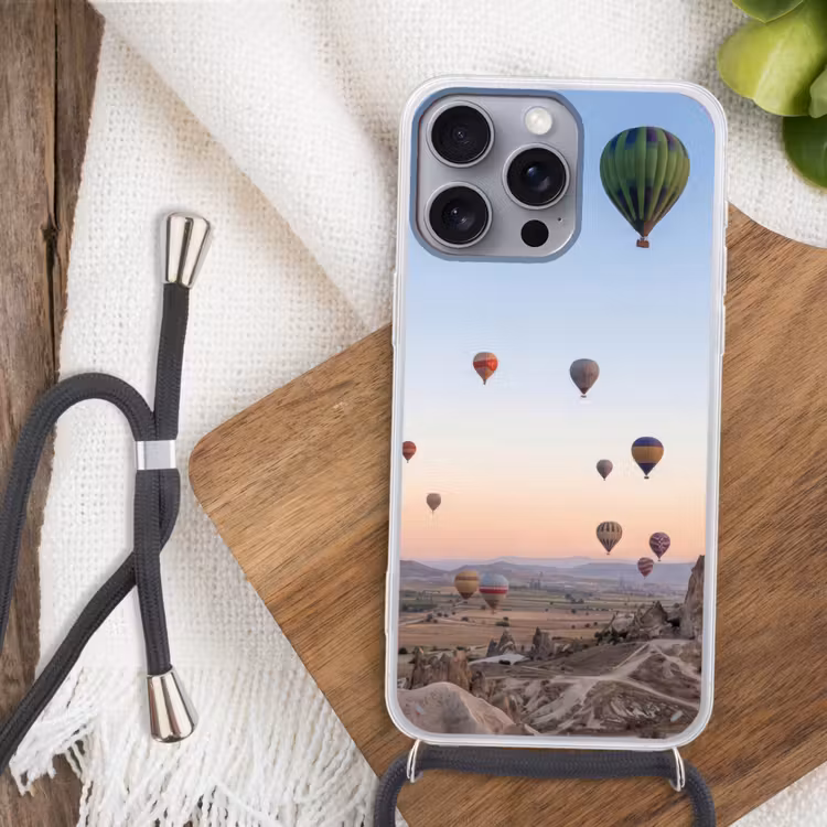 Luchtballonnen - Rotsen - Zonsopgang Hoesje iPhone 16 Pro Max met koord klein -sfeer4