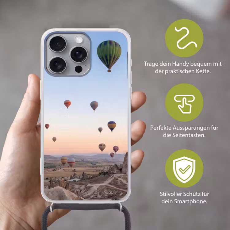 Luchtballonnen - Rotsen - Zonsopgang Hoesje iPhone 16 Pro Max met koord klein -sfeer2_DE