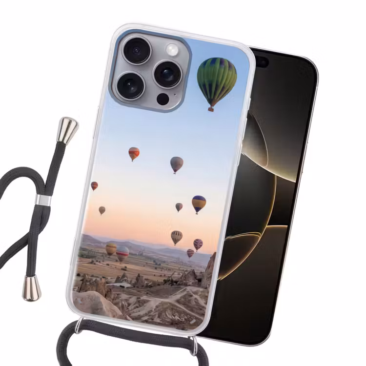 Luchtballonnen - Rotsen - Zonsopgang Hoesje iPhone 16 Pro Max met koord klein -sfeer1