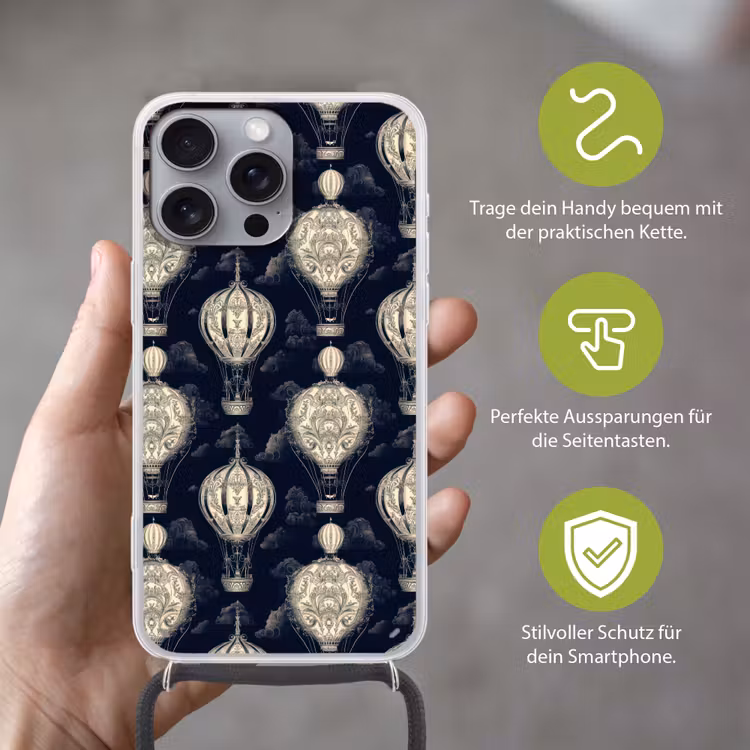 Luchtballonnen - Wolken - Patroon - Donkerblauw Hoesje iPhone 16 Pro Max met koord klein 804 -sfeer2_DE