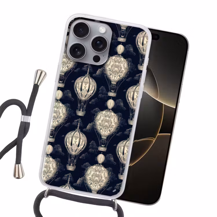 Luchtballonnen - Wolken - Patroon - Donkerblauw Hoesje iPhone 16 Pro Max met koord klein 804 -sfeer1