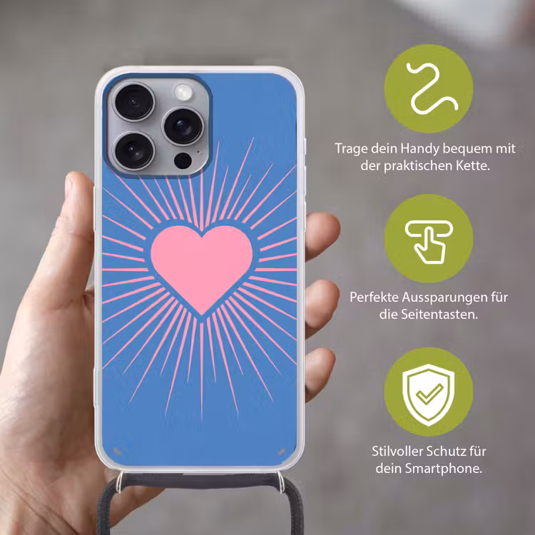 Hart - Stralen - Liefde - Modern - Roze Hoesje iPhone 16 Pro Max met koord klein -sfeer2_DE