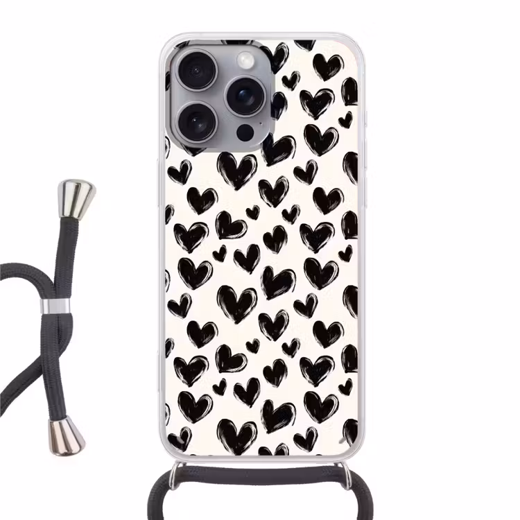 Hartjes - Patroon - Zwart Hoesje iPhone 16 Pro Max met koord klein 804 -3d