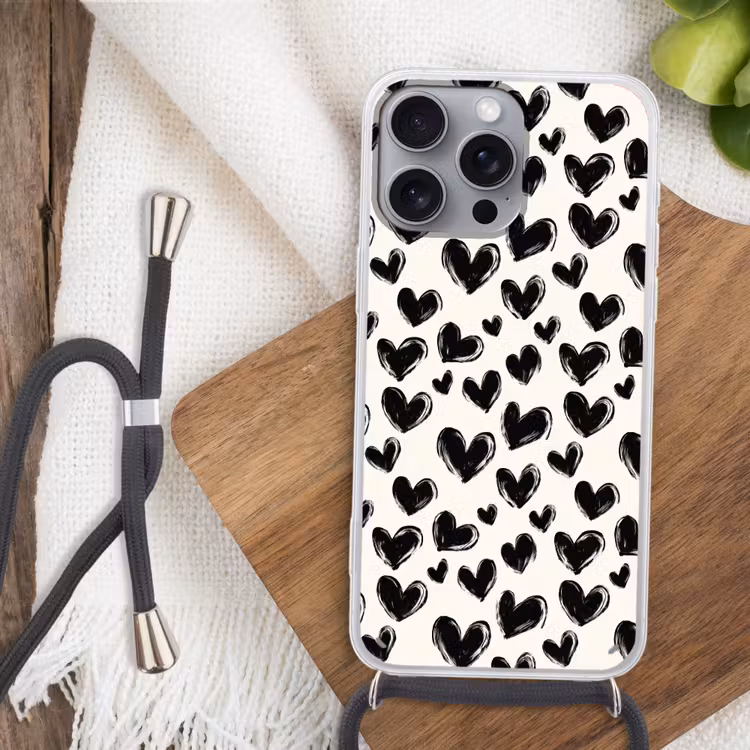Hartjes - Patroon - Zwart Hoesje iPhone 16 Pro Max met koord klein 804 -sfeer4