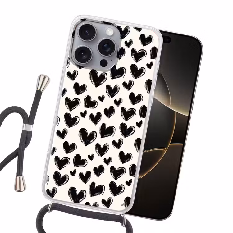 Hartjes - Patroon - Zwart Hoesje iPhone 16 Pro Max met koord klein 804 -sfeer1