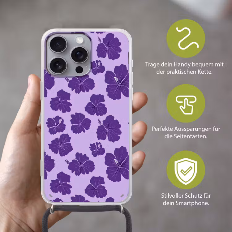 Hibiscus - Bloemen - Paars Hoesje iPhone 16 Pro Max met koord klein 804 -sfeer2_DE