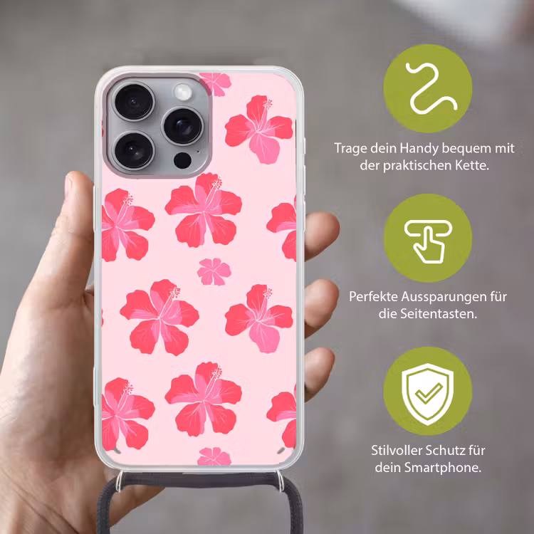 Hibiscus - Bloemen - Roze Hoesje iPhone 16 Pro Max met koord klein 804 -sfeer2_DE
