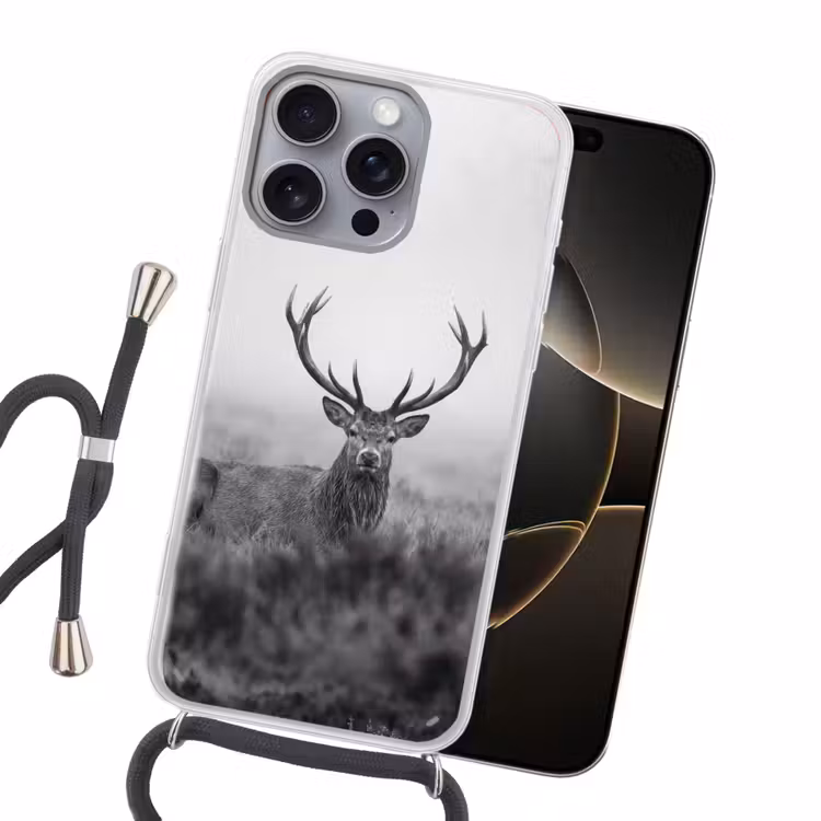 Hert - Mistig - Zwart - Wit Hoesje iPhone 16 Pro Max met koord klein -sfeer1