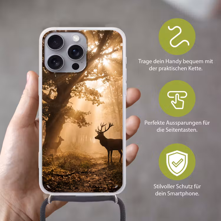 Hert - Bos - Mistig - Natuur - Goud Hoesje iPhone 16 Pro Max met koord klein -sfeer2_DE