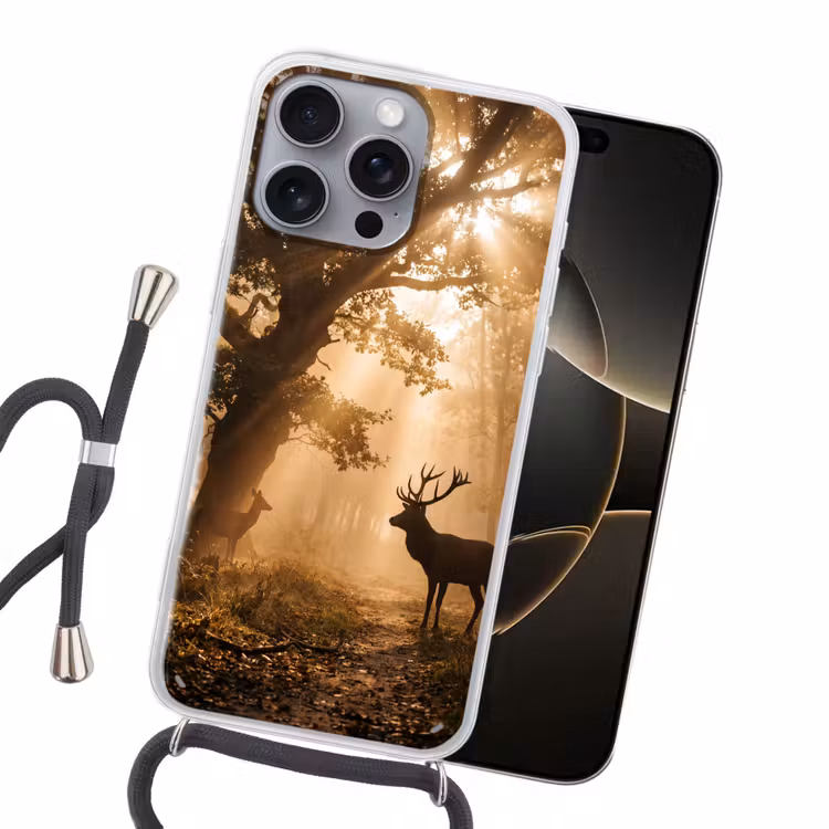 Hert - Bos - Mistig - Natuur - Goud Hoesje iPhone 16 Pro Max met koord klein -sfeer1