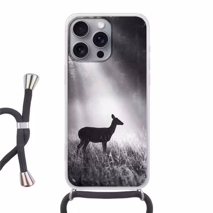 Hert - Bos - Zonnestralen - Zwart-wit - Natuur Hoesje iPhone 16 Pro Max met koord klein -3d