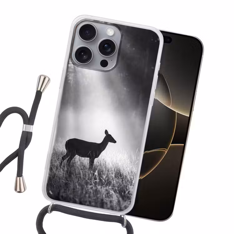 Hert - Bos - Zonnestralen - Zwart-wit - Natuur Hoesje iPhone 16 Pro Max met koord klein -sfeer1