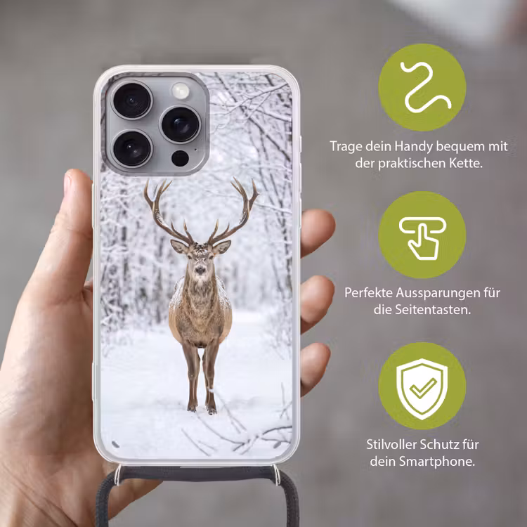 Hert - Winter - Bos - Natuur - Wit Hoesje iPhone 16 Pro Max met koord klein -sfeer2_DE
