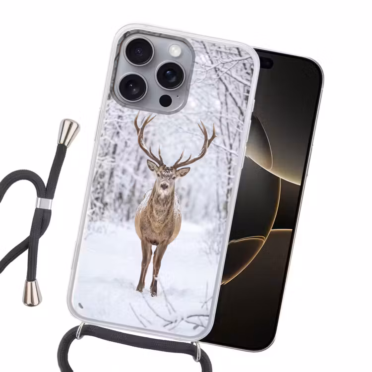 Hert - Winter - Bos - Natuur - Wit Hoesje iPhone 16 Pro Max met koord klein -sfeer1
