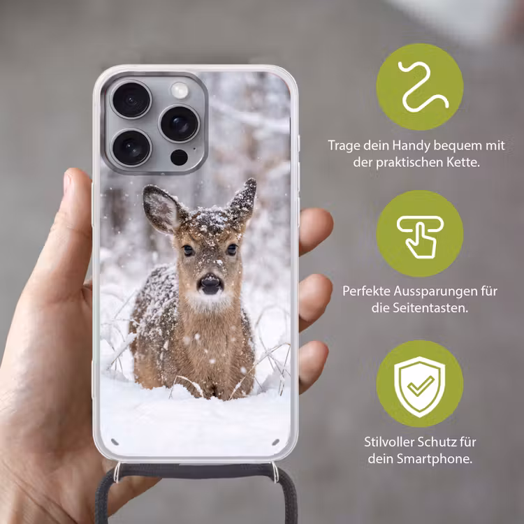 Hert - Sneeuw - Bos - Dieren - Vertederend Hoesje iPhone 16 Pro Max met koord klein -sfeer2_DE