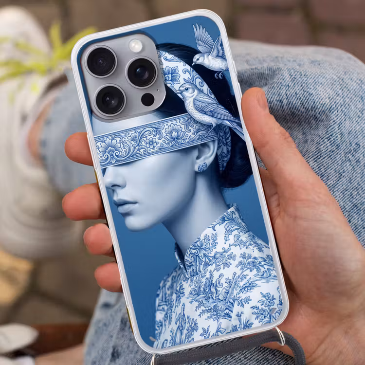 Portret - Klassiek - Wit - Blauw Hoesje iPhone 16 Pro Max met koord klein -sfeer3