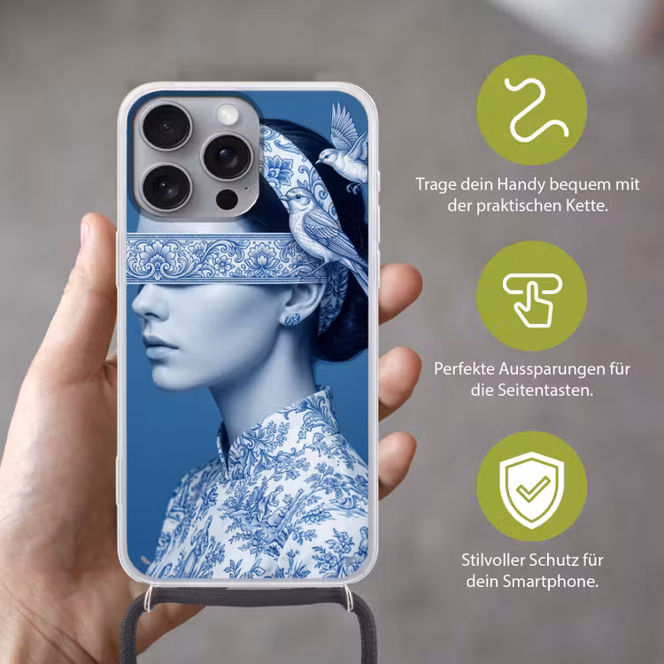 Portret - Klassiek - Wit - Blauw Hoesje iPhone 16 Pro Max met koord klein -sfeer2_DE