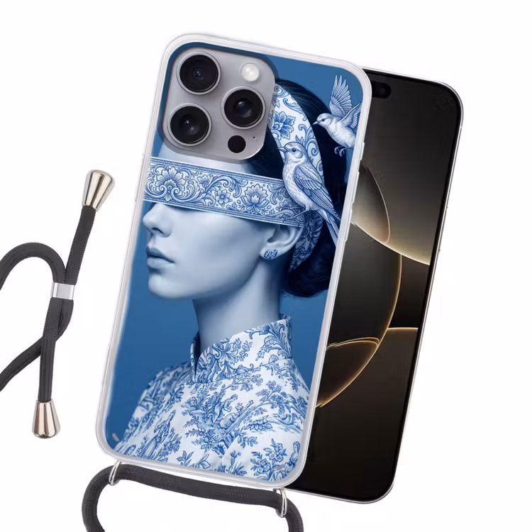 Portret - Klassiek - Wit - Blauw Hoesje iPhone 16 Pro Max met koord klein -sfeer1