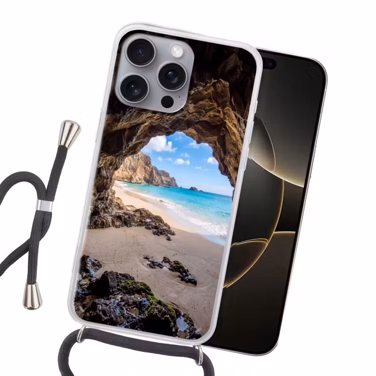 Grot - Strand - Zee - Blauw Hoesje iPhone 16 Pro Max met koord klein -sfeer1