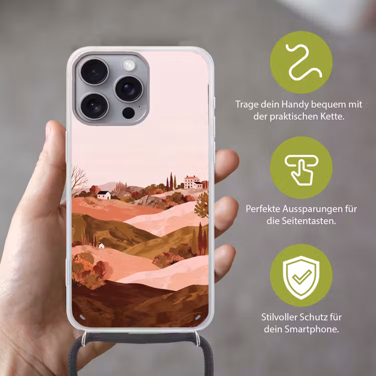 Heuvellandschap - Grafisch - Terracotta Hoesje iPhone 16 Pro Max met koord klein -sfeer2_DE