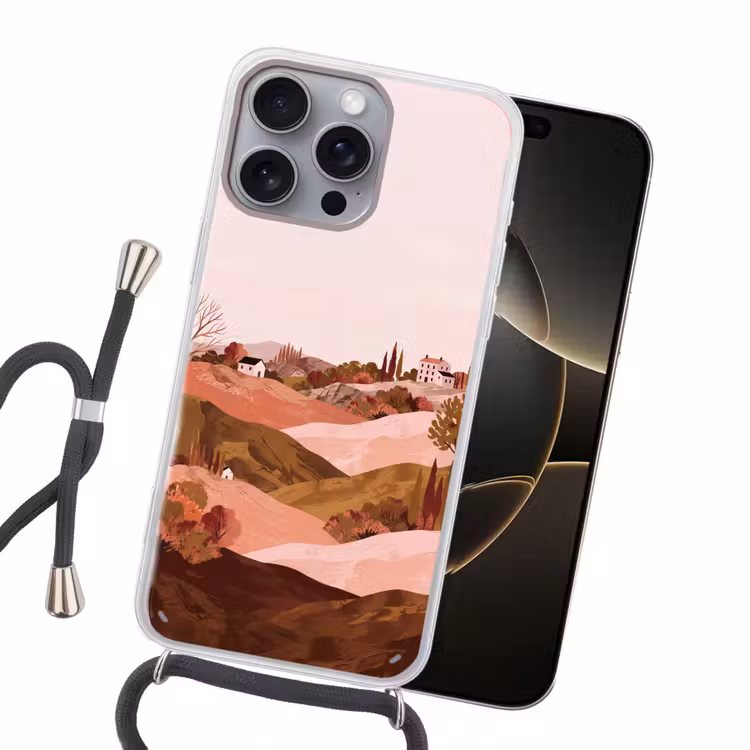 Heuvellandschap - Grafisch - Terracotta Hoesje iPhone 16 Pro Max met koord klein -sfeer1