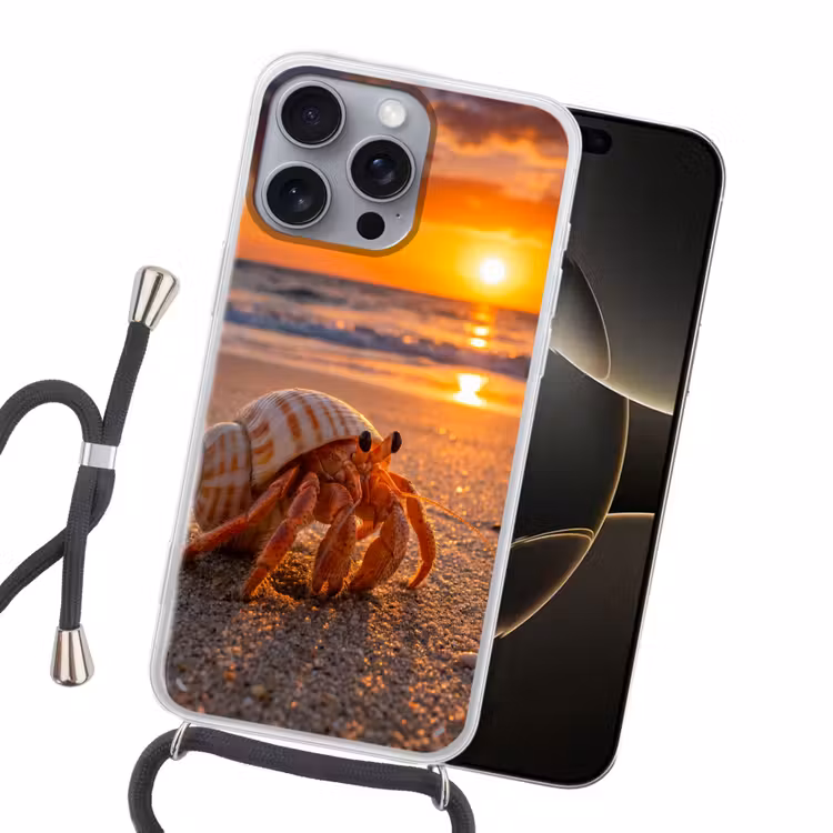 Kreeft - Strand - Natuur - Zonsondergang - Oranje Hoesje iPhone 16 Pro Max met koord klein -sfeer1