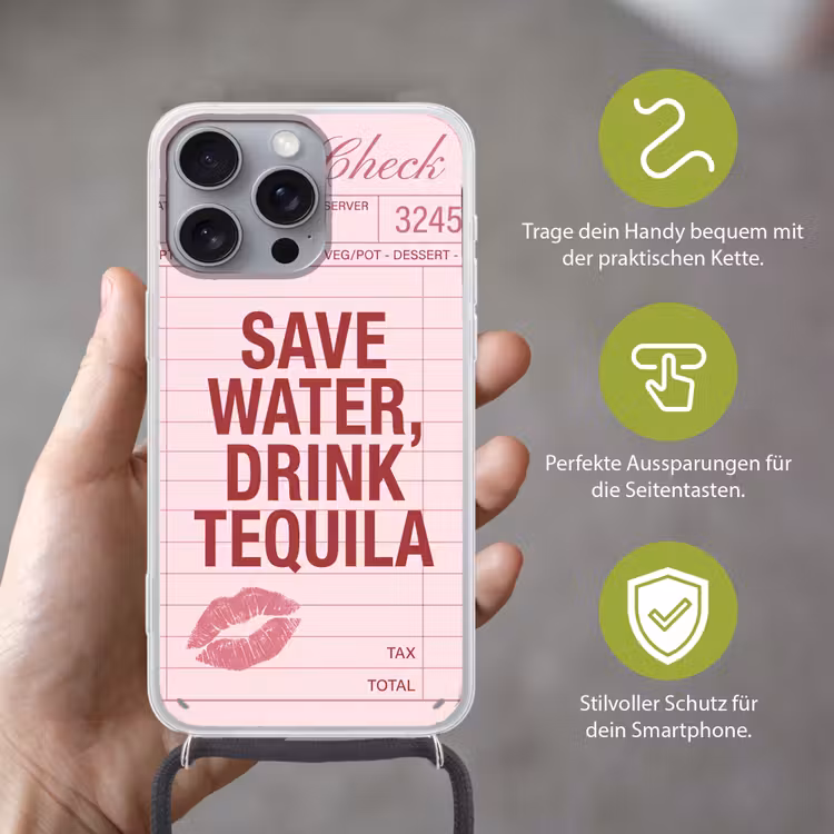 Humor - Drank - Tekst - Roze Hoesje iPhone 16 Pro Max met koord klein -sfeer2_DE
