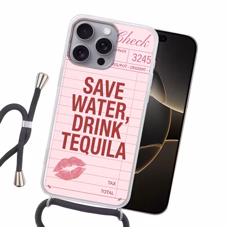 Humor - Drank - Tekst - Roze Hoesje iPhone 16 Pro Max met koord klein -sfeer1