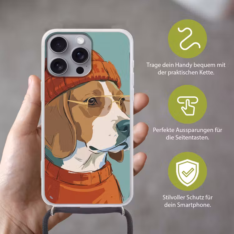 Hond - Beanie - Zonnebril - Dieren - Modern Hoesje iPhone 16 Pro Max met koord klein -sfeer2_DE