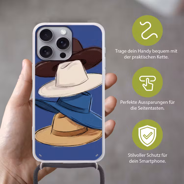 Hoeden - Gestapeld - Mode - Kleurrijk - Illustratie Hoesje iPhone 16 Pro Max met koord klein -sfeer2_DE