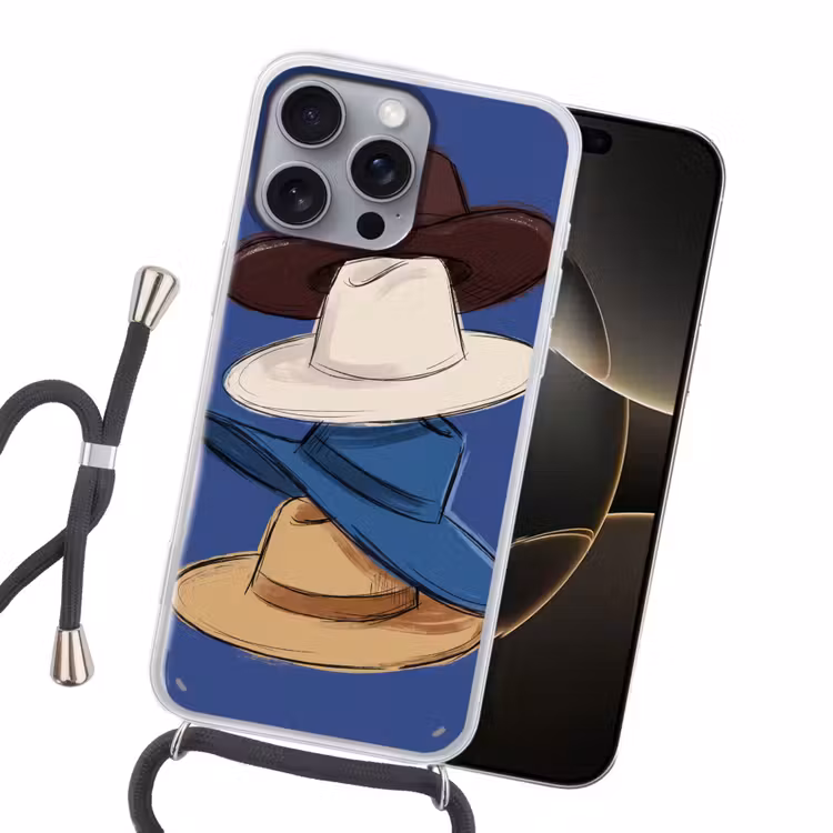 Hoeden - Gestapeld - Mode - Kleurrijk - Illustratie Hoesje iPhone 16 Pro Max met koord klein -sfeer1