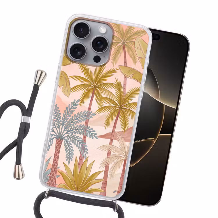Illustratie - Palmbomen - Kleurrijk Hoesje iPhone 16 Pro Max met koord klein -sfeer1