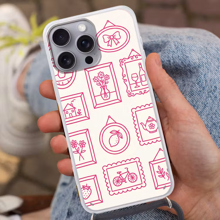 Illustratie - Collectie - Kunst - Minimalistisch - Roze Hoesje iPhone 16 Pro Max met koord klein -sfeer3