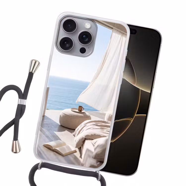 Interieur - Zeezicht - Modern - Rust - Beige Hoesje iPhone 16 Pro Max met koord klein -sfeer1