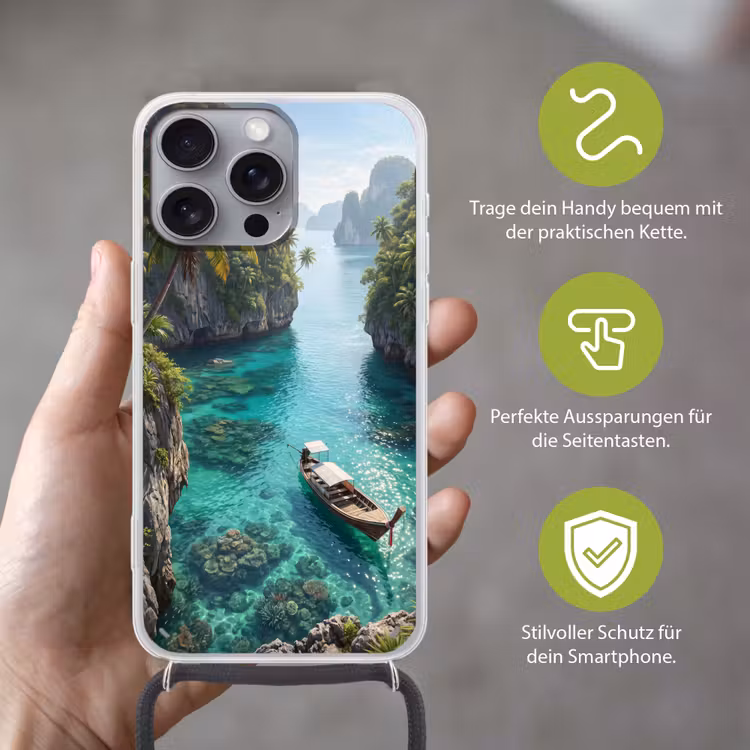 Eiland - Tropisch - Water - Palmbomen - Natuur Hoesje iPhone 16 Pro Max met koord klein -sfeer2_DE