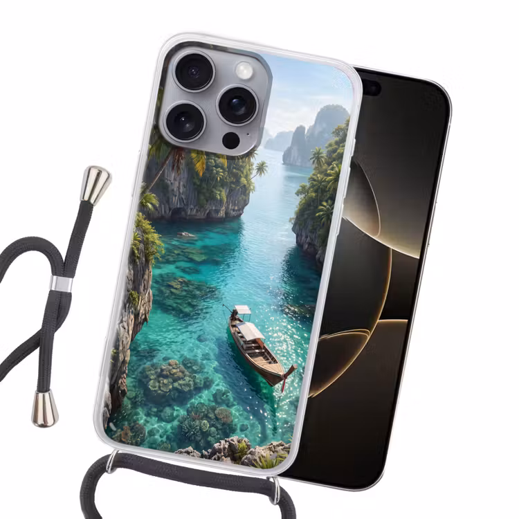 Eiland - Tropisch - Water - Palmbomen - Natuur Hoesje iPhone 16 Pro Max met koord klein -sfeer1
