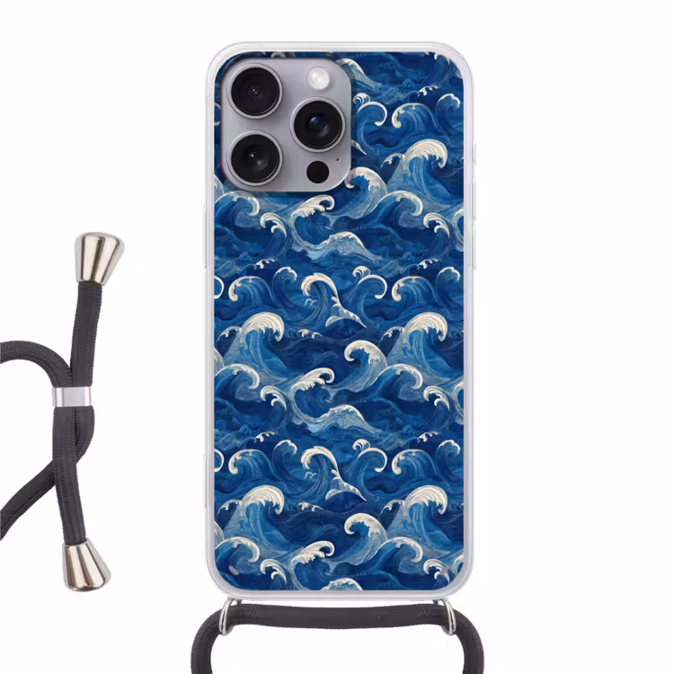 Japans - Oceaan - Golven - Blauw Hoesje iPhone 16 Pro Max met koord klein 804 -3d