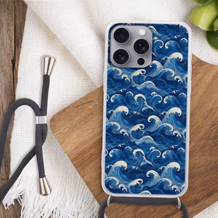 Japans - Oceaan - Golven - Blauw Hoesje iPhone 16 Pro Max met koord klein 804 -sfeer4