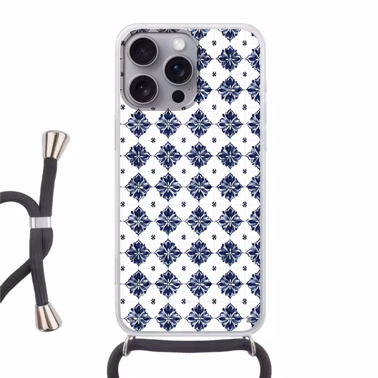 Tegelmotief - Blauw - Wit - Bloem Hoesje iPhone 16 Pro Max met koord klein 804 -3d